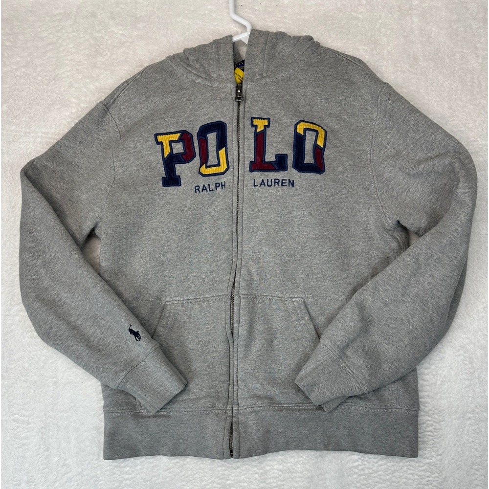 Polo Ralph Lauren Hoodie Boys Medium 10-12 Gray Chenille Logo Full Zip Jacket